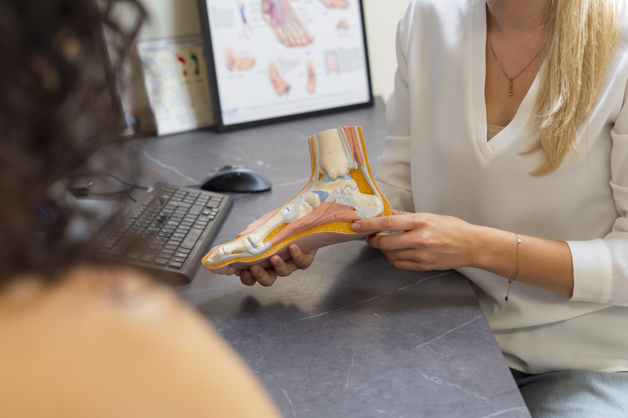 Podotherapeut licht de voetanatomie toe met een anatomisch model